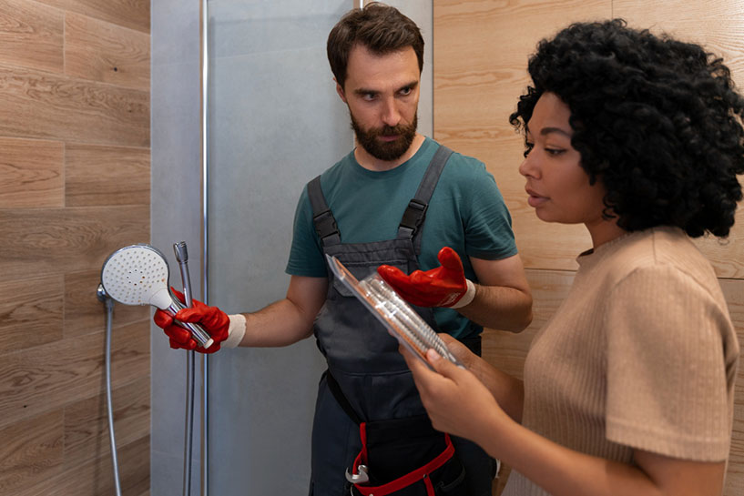 Contractor installing bathroom accessories while talking to homeowner