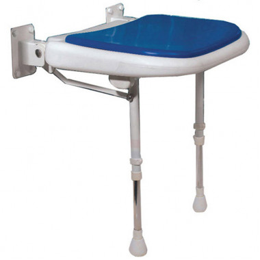 Folding Shower Seat blue pad with height adjustable legs from fifteen to twenty-five inches