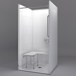 38 by 38 inch white Accessible Shower Enclosure, half inch threshold, center drain, 4 piece for remodeling