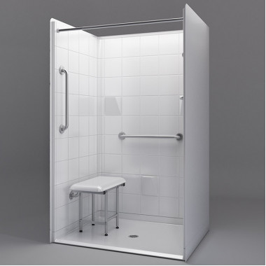 48 inch wide walk in shower stalls, white, 7/8 inch threshold, tile pattern. Add grab bars and seat.