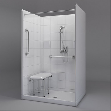 48 inch wide walk in shower stall, white, 3 inch threshold, tile pattern. Add grab bars and seat.