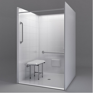 VA shower with ID 48 x 48, white with tile pattern.1 inch threshold. Add folding seat and grab bars