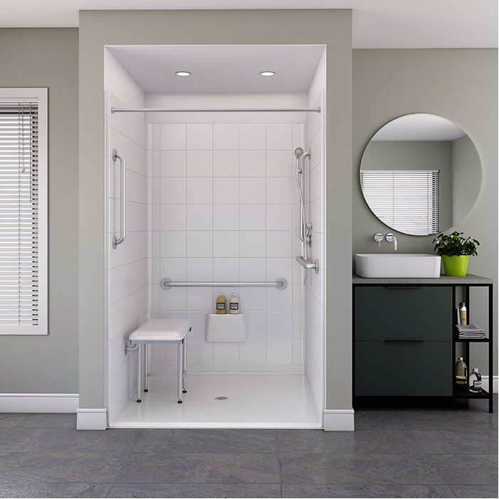 5 piece shower stall in a bathroom