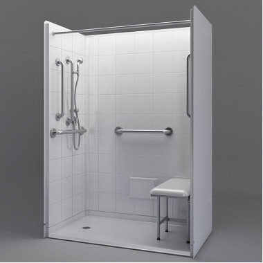 54 by 31 inch barrier free showers, white, for mobile homes, 1 inch threshold, added shower seat.