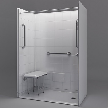 white 54 by 31 inch walkin showers, right drain, 1 inch threshold, added grab bars and shower seat.