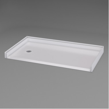 54 by 31 inch Rollin Shower Pan, white, left drain, 1 inch threshold, slip-resistant texture
