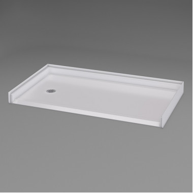 54 by 31 inch Rollin Shower Pan, white, left drain, 1 inch threshold, slip-resistant texture 54 by 31 inch Rollin Shower Pan, white, left drain, 1 inch threshold, slip-resistant texture