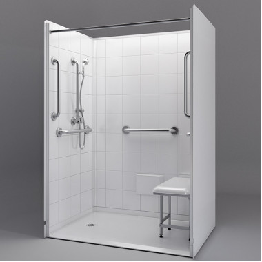 54 by 36 inch zero entry shower stalls, white, left drain, 1 inch threshold, added safety bars.