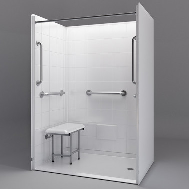 white 54 by 36 inch accessible shower stall, right drain, 1 inch threshold, added shower seat