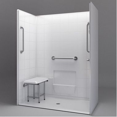 white 60 by 31 inch level entry shower, center drain, 3/4 inch threshold, added grab bars and seat