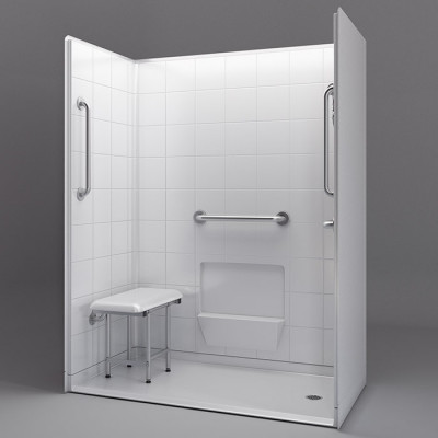 60 x 31 inch handicapped accessible shower stalls, right drain, 1 inch threshold, white tile pattern