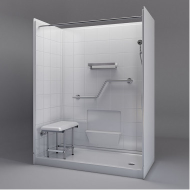 60 by 31 inch Senior Walk In Showers, right drain, 4 inch threshold, white tile pattern