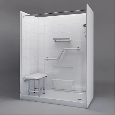 60 by 31 inch Senior Walk In Showers, right drain, 4 inch threshold, white tile pattern