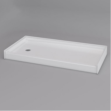 60 x 31 inch Fiberglass Shower Pan, white, left drain, 4 inch threshold, textured floor. 60 x 31 inch Fiberglass Shower Pan, white, left drain, 4 inch threshold, textured floor.
