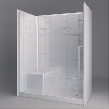 60 by 33 inch Walk In Showers with left hand molded seat, 4 inch threshold, 1 piece