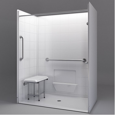 white 60 by 33 inch accessible showers, center drain, 3/4 inch threshold, folding shower seat added