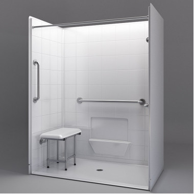 white 60 by 33 inch accessible showers, center drain, 3/4 inch threshold, folding shower seat added white 60 by 33 inch accessible showers, center drain, 3/4 inch threshold, folding shower seat added