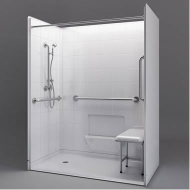 60 by 33 inch white Roll in showers for wheelchair, 1 inch threshold, left drain, 5 pieces