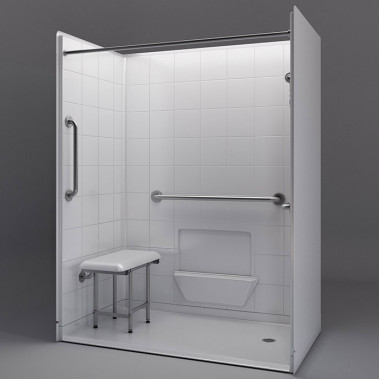 60 by 33 inch white wheelchair accessible shower, 1 inch threshold, right drain, 5 pieces