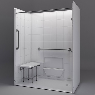 60 by 33 inch white wheelchair accessible shower, 1 inch threshold, right drain, 5 pieces 60 by 33 inch white wheelchair accessible shower, 1 inch threshold, right drain, 5 pieces