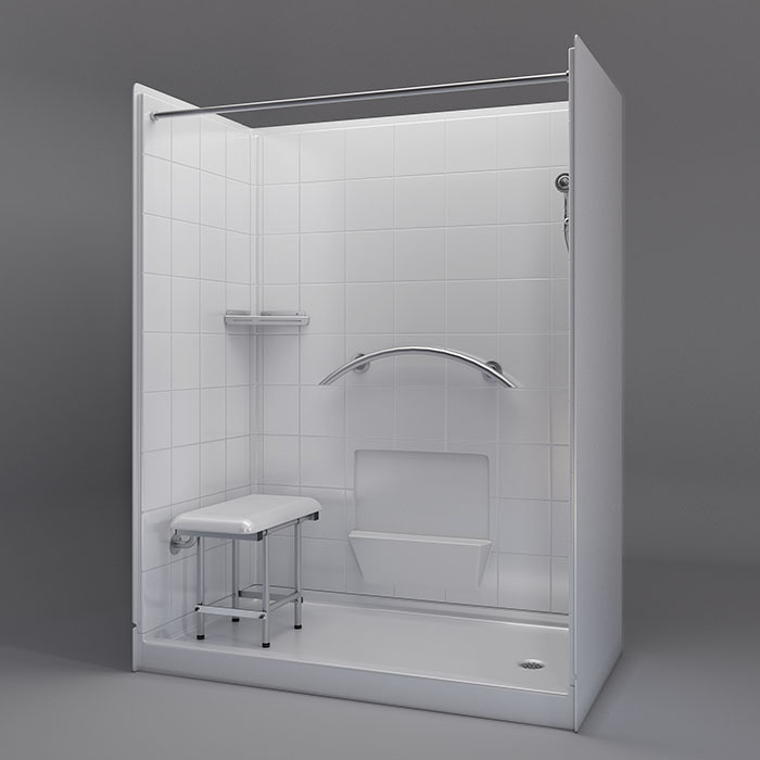 Low threshold shower with seat outlet