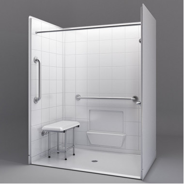 60 by 37 inch white Roll in showers for wheelchair, 7/8 inch threshold, center drain, 5 pieces