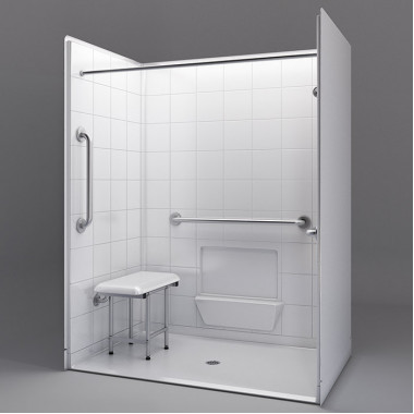 60 by 37 inch white Roll in showers for wheelchair, 7/8 inch threshold, center drain, 5 pieces 60 by 37 inch white Roll in showers for wheelchair, 7/8 inch threshold, center drain, 5 pieces