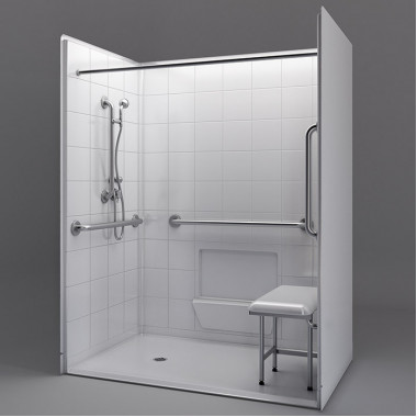 60 by 37 inch white roll in shower stall, 1 inch threshold, left drain, 5 pieces for remodeling