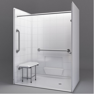 60 by 37 inch white low profile shower stall, 1 inch threshold, right drain, 5 pieces for remodeling