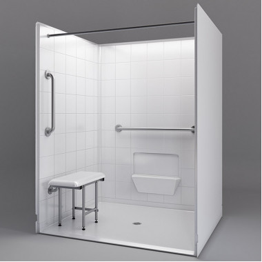 60 by 49 inch white Roll in Shower Enclosure, 7/8 inch threshold, center drain, 5 pieces