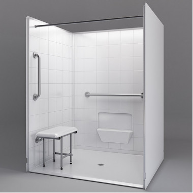 60 by 49 inch white Roll in Shower Enclosure, 7/8 inch threshold, center drain, 5 pieces 60 by 49 inch white Roll in Shower Enclosure, 7/8 inch threshold, center drain, 5 pieces
