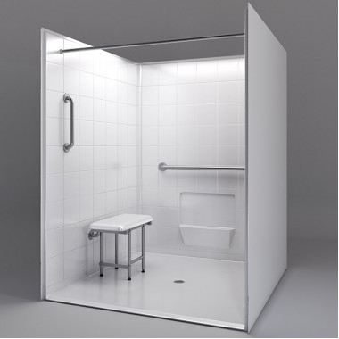 60 by 61 inch white Handicapped Accessible Shower, roll in threshold, center drain, 5 pieces