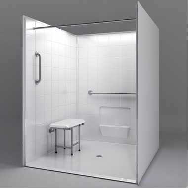 60 by 61 inch white Handicapped Accessible Shower, roll in threshold, center drain, 5 pieces 60 by 61 inch white Handicapped Accessible Shower, roll in threshold, center drain, 5 pieces