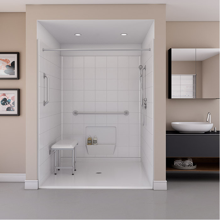 wheelchair accessible shower in a bathroom 