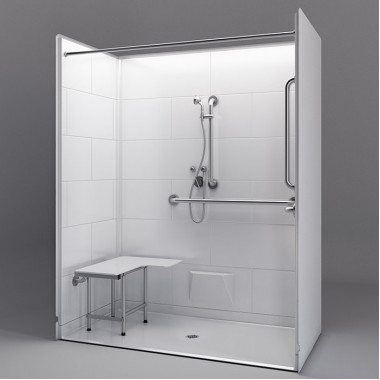 62 by 32 inch white ADA Shower, Roll in, .75 inch threshold, center drain, 5 pieces