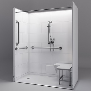 62 by 32 white ADA Compliant Shower, roll in threshold, Left drain, 5 piece for remodel tile pattern