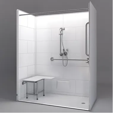 62 by 32 white ADA Roll In Shower, 1 inch threshold, Right drain, 5 piece for remodel