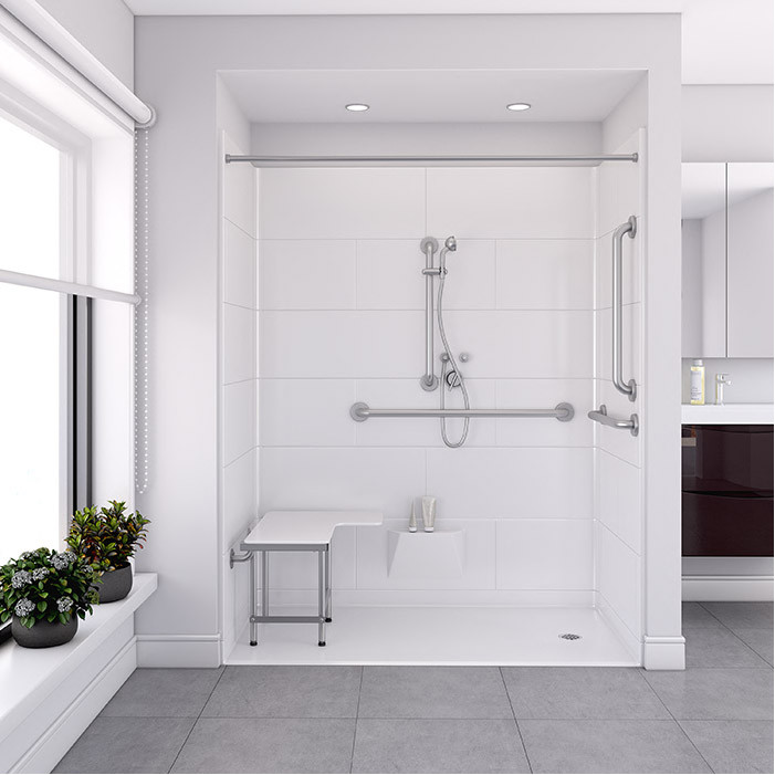 ADA code compliant shower stall in a bathroom 