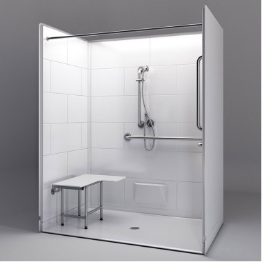 62 by 32 inch white ADA Roll In Shower Unit, 1 inch curb, center drain, 5 pcs, ID 60 x 36 inches