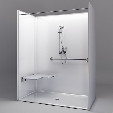 62 by 32 inch white ADA Roll In Shower Unit, 1 piece, roll in curb, center drain, ID 60 x 30 inch