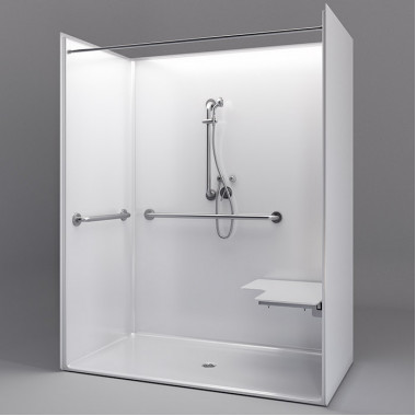 62 by 32 inch white  ADA Shower Stall, 1 piece, roll in curb, handed by right seat, ID 60 x 30 inch
