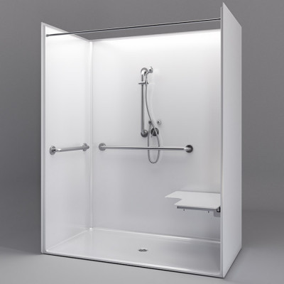 62 by 32 inch white  ADA Shower Stall, 1 piece, roll in curb, handed by right seat, ID 60 x 30 inch