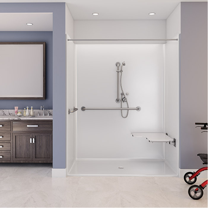 commercial ADA compliant shower stall in a bathroom 