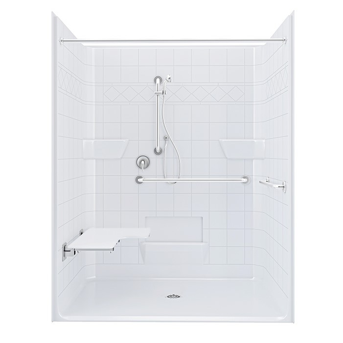 ADA shower stall with grab bars and seat