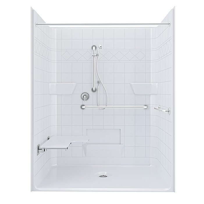 ADA shower stall with grab bars and seat