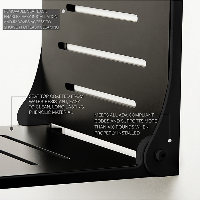 18¾" x 15½" High Back Decorator Shower Seat, Phenolic BLACK