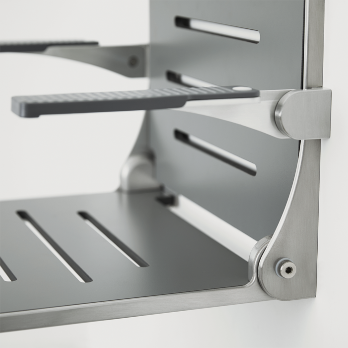 Gray wall mounted shower seat with back and arms - detail