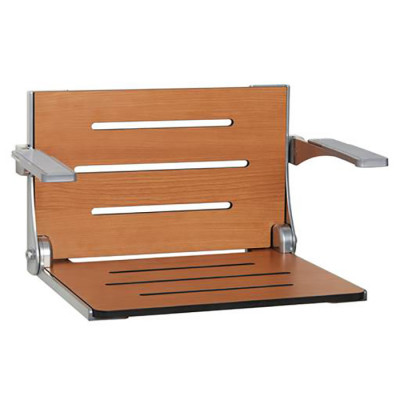 19⅜" x 16" High Back Decorator Folding Shower Seat w arms, Phenolic teak seat, silver frame