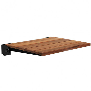 wall mounted teak wood folding shower seat with matte black slim frame  19 x 14 inches
