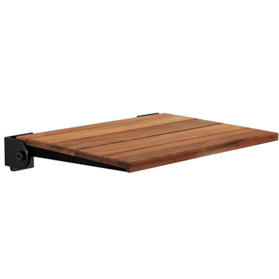 wall mounted teak wood folding shower seat with matte black slim frame 18 x 15 inches